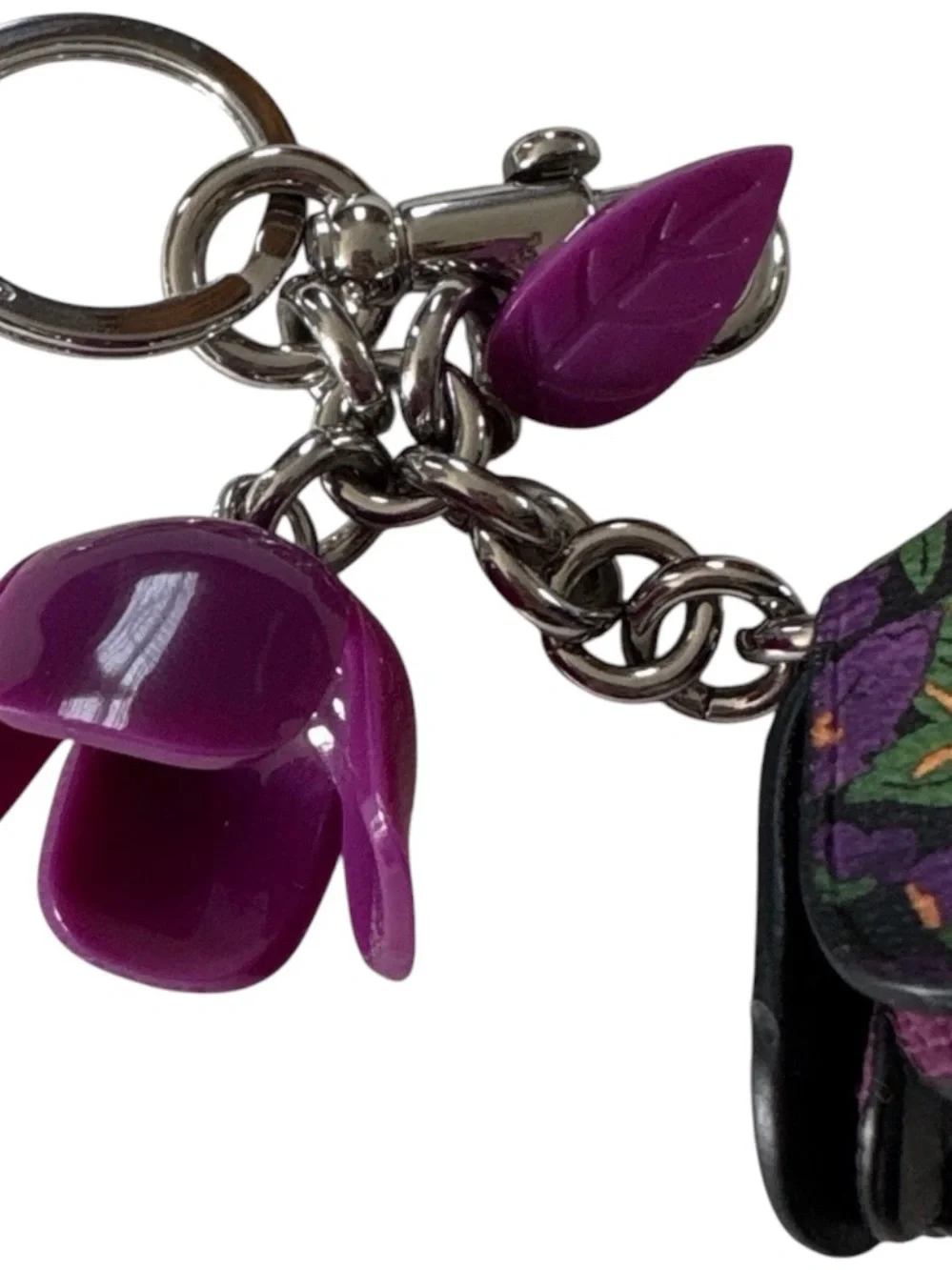 Coach Tea Rose Bag Charm Purple Floral Leather & Resin Keychain Charm